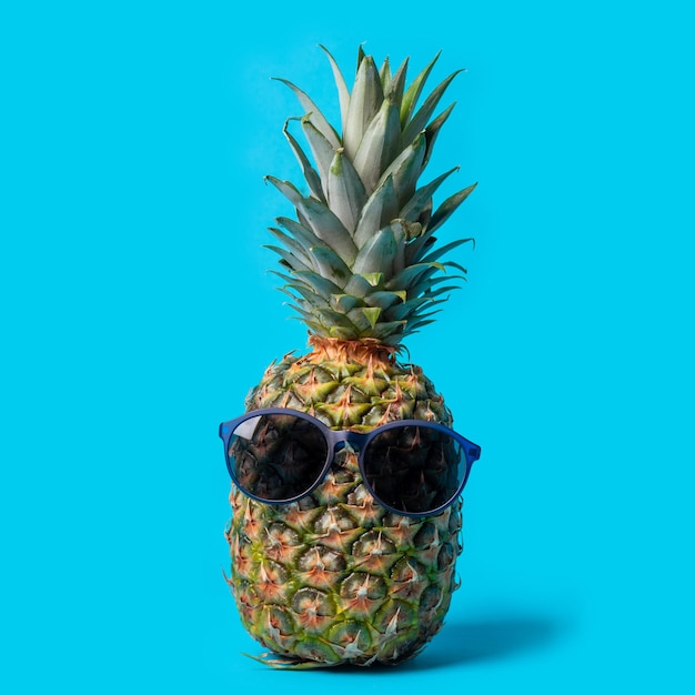 Frutto di ananas hipster alla moda con occhiali da sole su sfondo blu Concetto sano di vacanza estiva