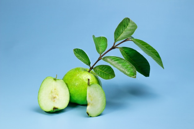 Frutto di guava con foglie su sfondo blu