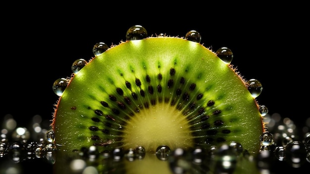 Frutto di kiwi con gocce d'acqua su uno sfondo nero da vicino