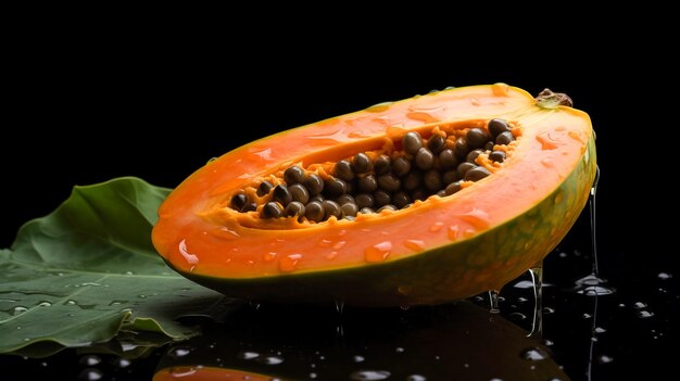 Frutto di papaya su sfondo nero con gocce d'acqua IA generativa