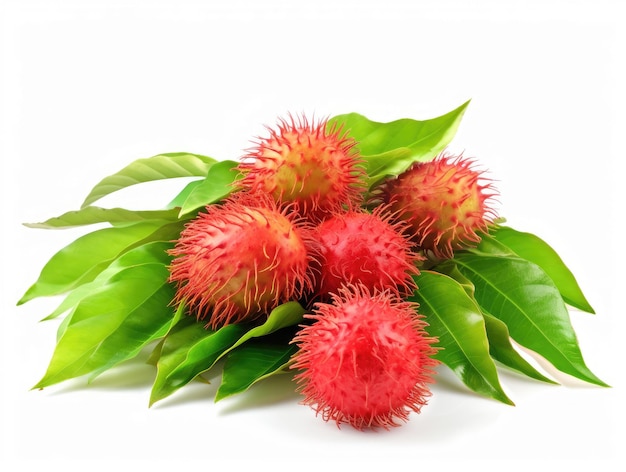 Frutto di rambutan con foglie verdi su sfondo bianco