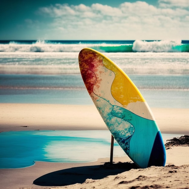 Fuga estiva Una spiaggia deserta con onde e una tavola da surf colorata perfetta per una vacanza al mare IA generativa