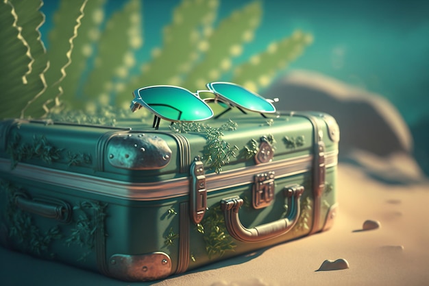 Fuggi sulla spiaggia bagnata dal sole con uno sfondo estivo caratterizzato da occhiali da sole, valigia e palma
