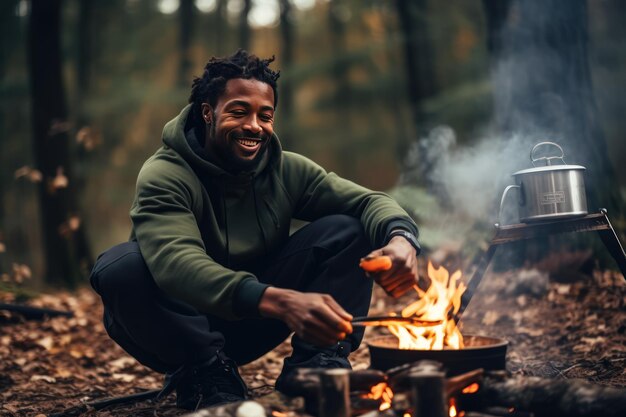 Fuggire dal trambusto della grande città Uomo afroamericano allegro prepara il caffè su un fuoco nella foresta autunnale Viaggio e campeggio Solitudine nella foresta con i tuoi pensieri