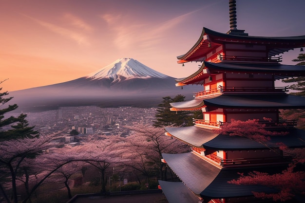 Fujiyoshida Giappone Bella vista della montagna Fuji e Chureito pagoda al tramonto in Giappone in primavera con fiori di ciliegio