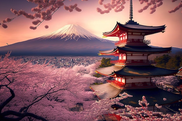 Fujiyoshida Giappone in primavera con i fiori di ciliegio Chureito Pagoda e il Monte Fuji