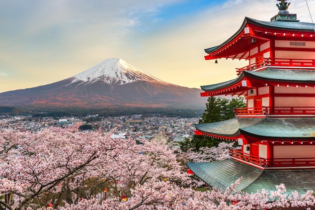 Fujiyoshida Japan a Chureito Pagoda e Mt Fuji in primavera