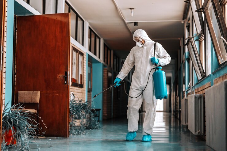 Photo full length of worker in sterile uniform, with face mask holding sprayer with disinfectant and spraying school hallway.