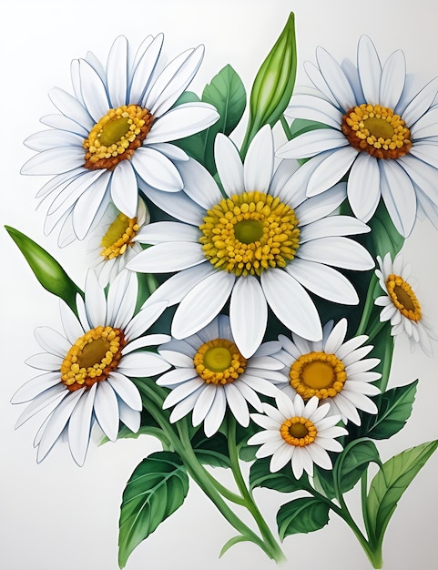 Fullcolor Flower Daisy Acquerello pittura iperdettagliata sfondo bianco 8k