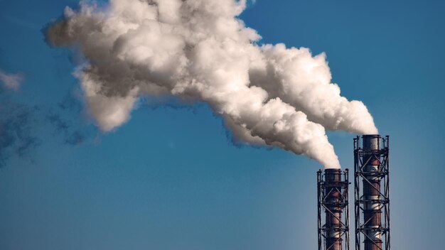 Fumaiolo di una centrale elettrica a carbone su sfondo blu cielo. Posto per il testo