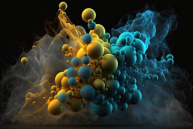 Fumante reazione chimica della materia granulare blu gialla su sfondo nero d illustrazione grafica