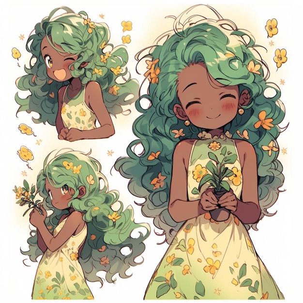 Fumetto di una ragazza con capelli verdi e fiori nelle sue mani generativo ai