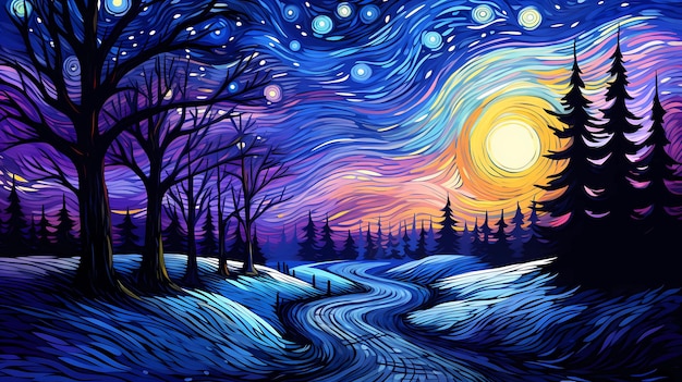 Fumetto disegnato a mano bella illustrazione del paesaggio innevato all'aperto sotto il cielo stellato in inverno