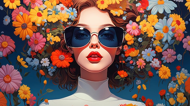 fumetto disegnato a mano bella illustrazione di donna che indossa occhiali da sole tra i fiori