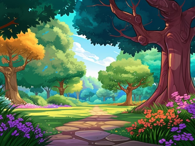 fumetto illustrazione di un sentiero in una foresta con fiori e alberi