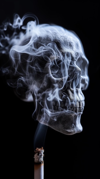 Fumo a forma di cranio umano che esce da una sigaretta accesa