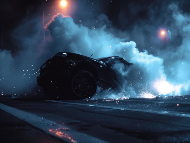 Fumo da sotto le gomme scintilla nell'aria notturna mentre l'auto perde il controllo e comincia a capovolgersi sull'asfalto.