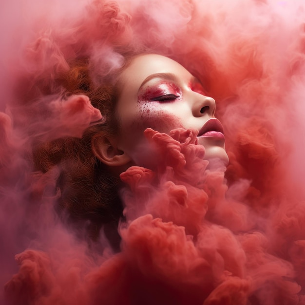 Fumo e colori Fumatrice ritratto femminile con pigmenti rosa pesca rosso scuro con gradiente di nebbia fumosa rosa Buon giorno della donna 8 marzo