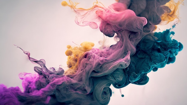 Fumo liquido colorato in vibrante inchiostro alchogol in acqua bianco sfondo astratto IA generativa