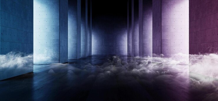 Fumo Moderno Elegante Blu Glow Architettura Grunge Colonne di cemento riflettenti sotterranee Ha