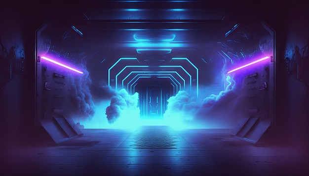 Fumo nebbia Corridoio futuristico della sala con neon Laser Led Blue Purple Glowing Tunnel Metal Reflection Generative ai
