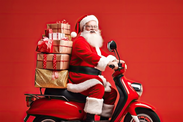 Fun Santa Riding Moped Carrying Pile Stack Fairy Acquisti Shopping di Natale Banner Presente Consegna Santa Xmas Gift Generative AI Illustrazione
