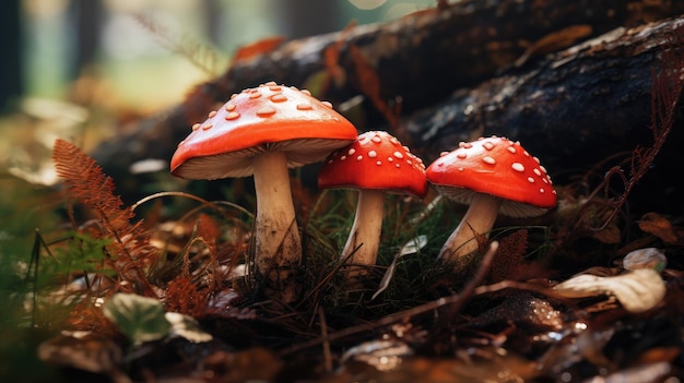 Funghi agaric a mosca che crescono sul pavimento della foresta creati con la tecnologia Generative AI