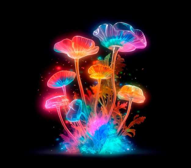 Funghi al neon colorati luminosi illuminati da luci LED su uno sfondo nero generazione di IA