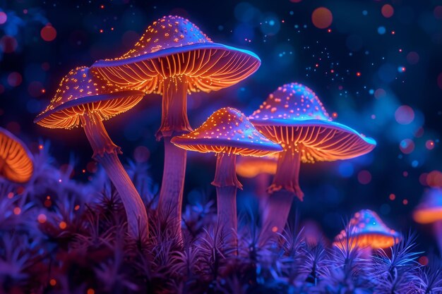 Funghi al neon illuminati in una foresta mistica