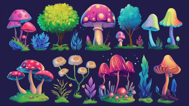 Funghi alberi e risorse di pianeti alieni isolati in uno stile di illustrazione dei cartoni animati insolite risorse di flora o fauna strane favole e elementi extraterrestri