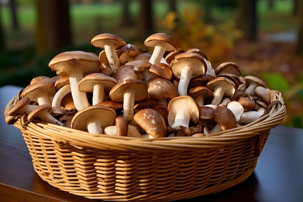 Funghi appena raccolti in cesto di vimini all'aperto IA generativa