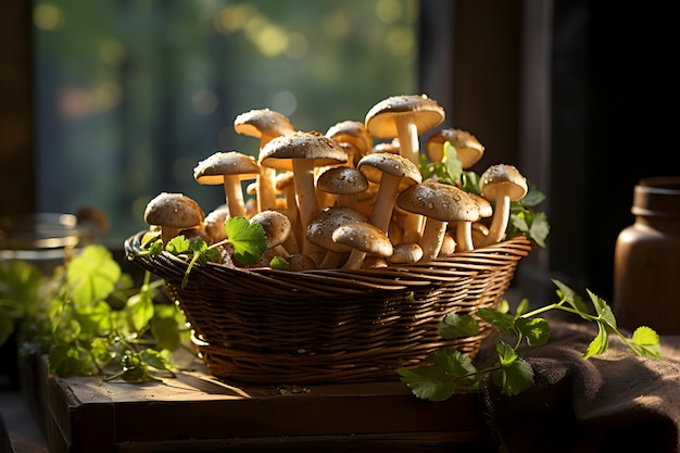 Funghi appena raccolti in un cesto sullo sfondo della foresta autunnale