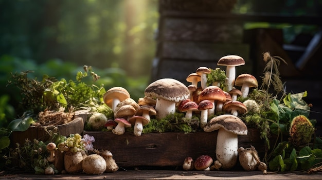 Funghi appena raccolti ordinati e disposti su un tronco sotto una luce naturale soffusa IA generativa