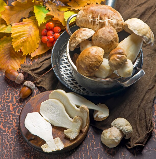 Funghi Boletus edulis su sfondo di legno