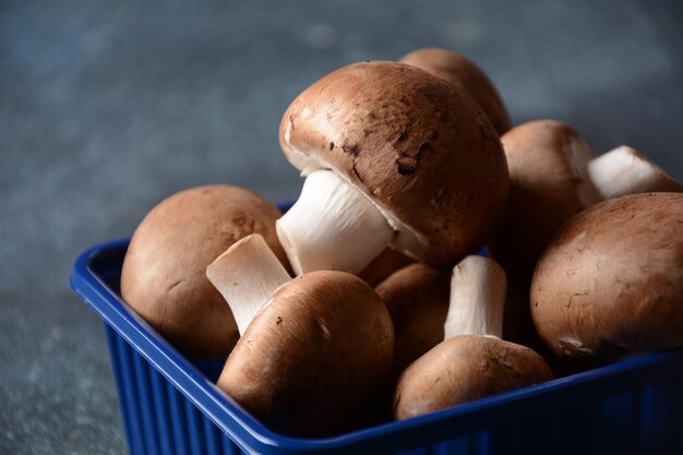 Funghi champignon freschi in scatola di plastica