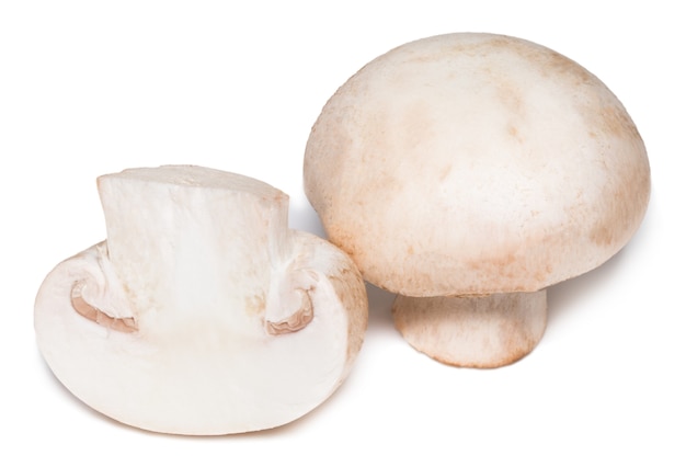 Funghi champignon freschi isolati su sfondo bianco.