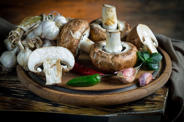 Funghi Champignon in composizione con ingredienti alimentari su sfondo vecchio