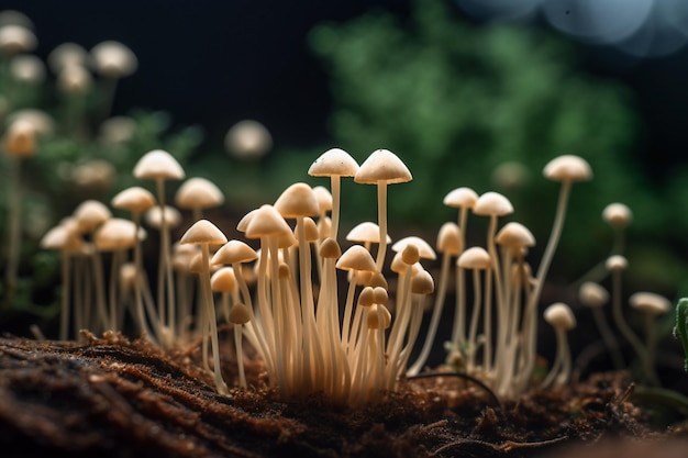 Funghi che crescono in una piantatrice di legno