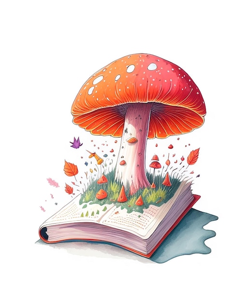 Funghi colorati ad acquerello che crescono da un libro felice giornata mondiale del libro