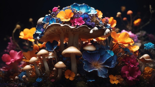 Funghi colorati e fiori multicolori nel design della carta da parati dell'aura di mezzanotte generato dall'intelligenza artificiale