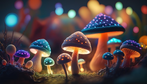 Funghi colorati luminosi in uno spazio psichedelico Fantasy Generativo ai