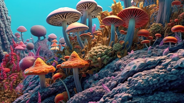 Funghi colorati nella foresta psichedelica Concetto di funghi Neon dmt