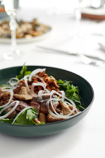 Funghi con cipolle ed erbe aromatiche, funghi sott'aceto assortiti in un piatto su fondo chiaro, funghi marinati con erbe fresche e cipolle.