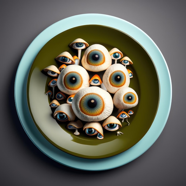 Funghi con grande occhio sul piatto Fungo dall'aspetto fantastico che osserva l'illustrazione dell'intelligenza artificiale generativa dei funghi