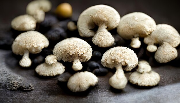 Funghi crudi champignon su sfondo nero