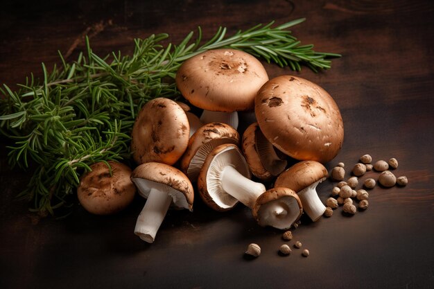Funghi crudi con vegetazione su superficie in legno IA generativa