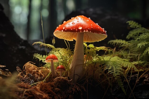 Funghi della foresta incantati con gocce di rugiada
