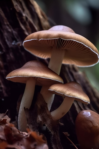Funghi di bosco nel loro ambiente naturale generati dall'intelligenza artificiale