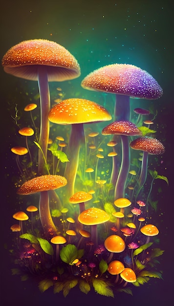 Funghi e fiori mezzanotte aura cielo notturno incandescente illustrazione artistica ultradettagliata