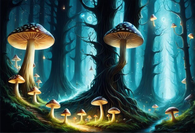 funghi e illustrazione della foresta magicafunghi e illustrazione della foresta magicaforesta magica con mu